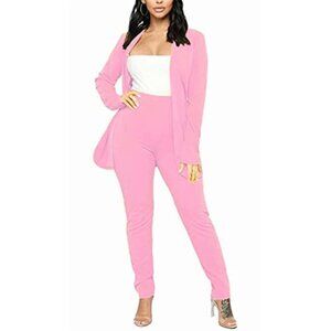 Women's 2 Piece Outfit Casual Solid Open Front Blazer and Pencil Pant Suits Set